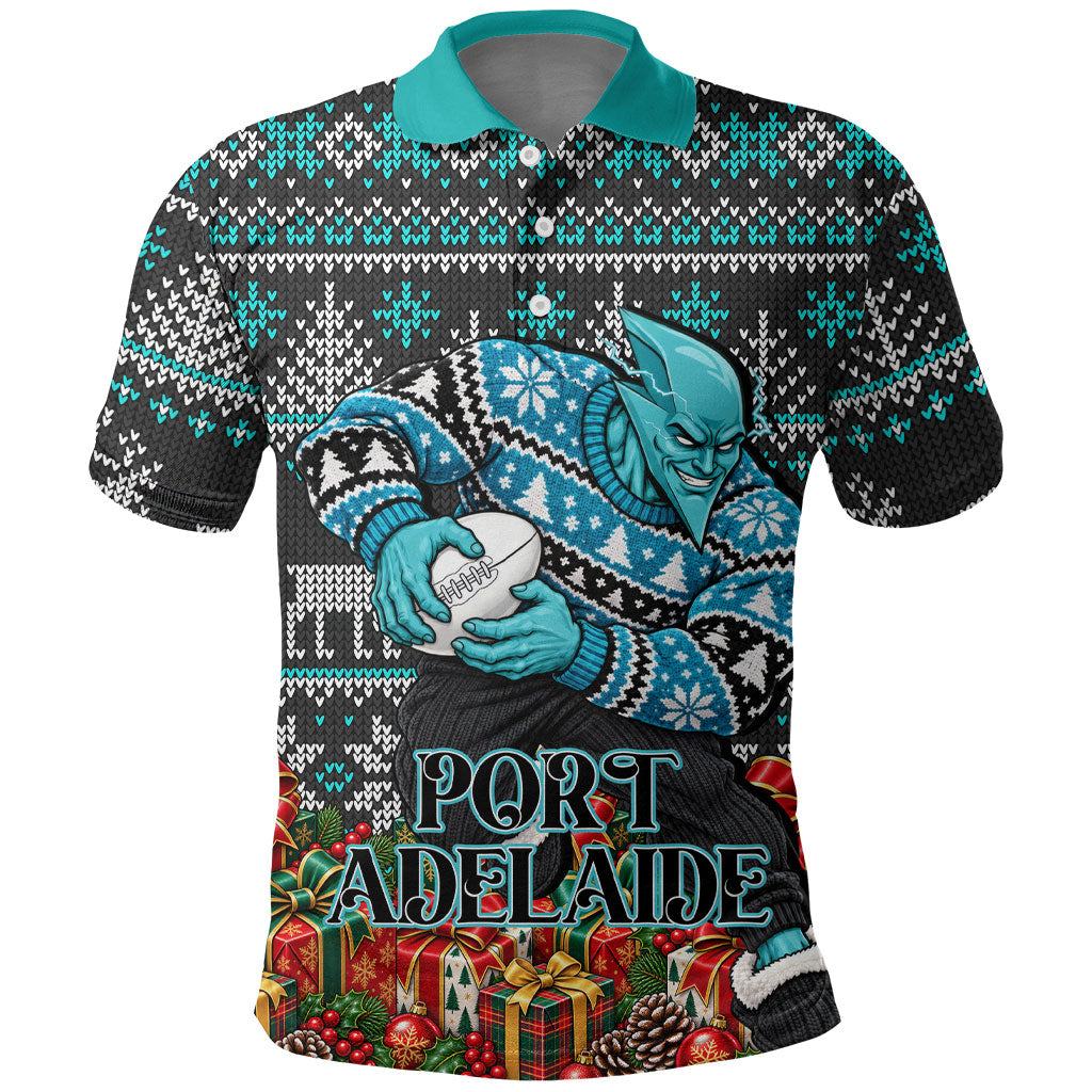Personalized Port Adelaide Football Christmas Polo Shirt Australian Football Mascot - Ugly Xmas Pattern Festive