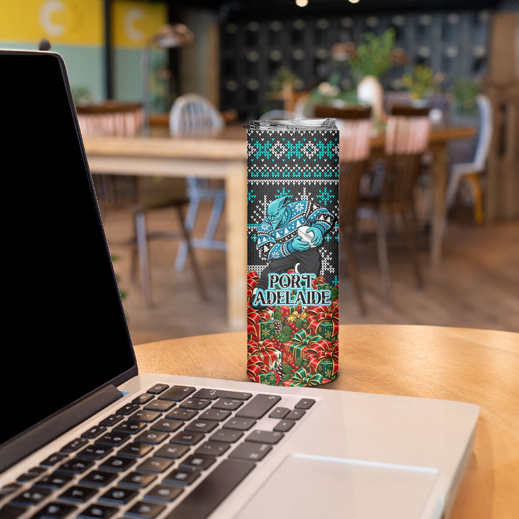 Personalized Port Adelaide Football Christmas Skinny Tumbler Australian Football Mascot - Ugly Xmas Pattern Festive