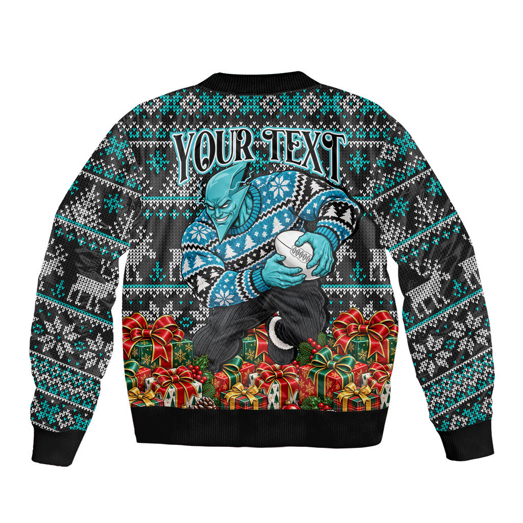 Personalized Port Adelaide Football Christmas Sleeve Zip Bomber Jacket Australian Football Mascot - Ugly Xmas Pattern Festive