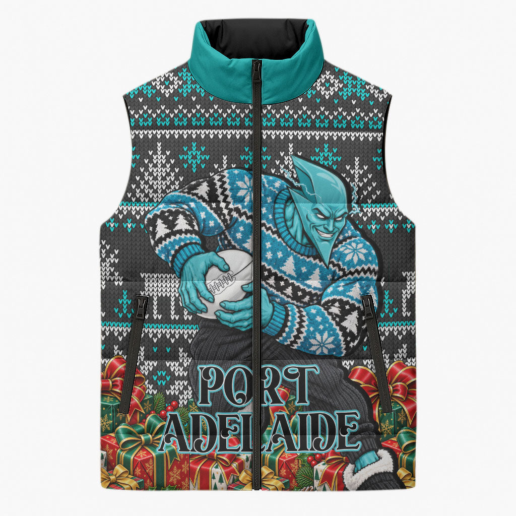 Personalized Port Adelaide Football Christmas Sleeveless Puffer Jacket Australian Football Mascot - Ugly Xmas Pattern Festive