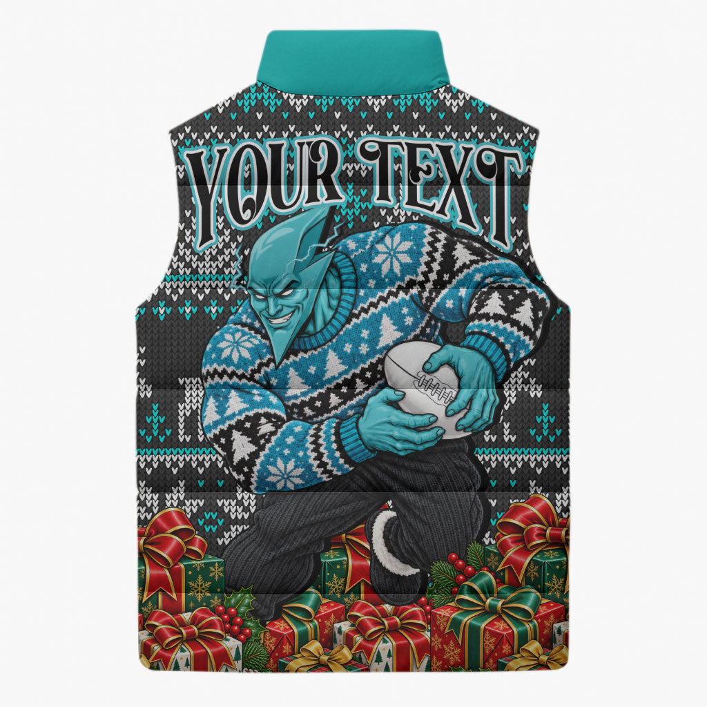 Personalized Port Adelaide Football Christmas Sleeveless Puffer Jacket Australian Football Mascot - Ugly Xmas Pattern Festive