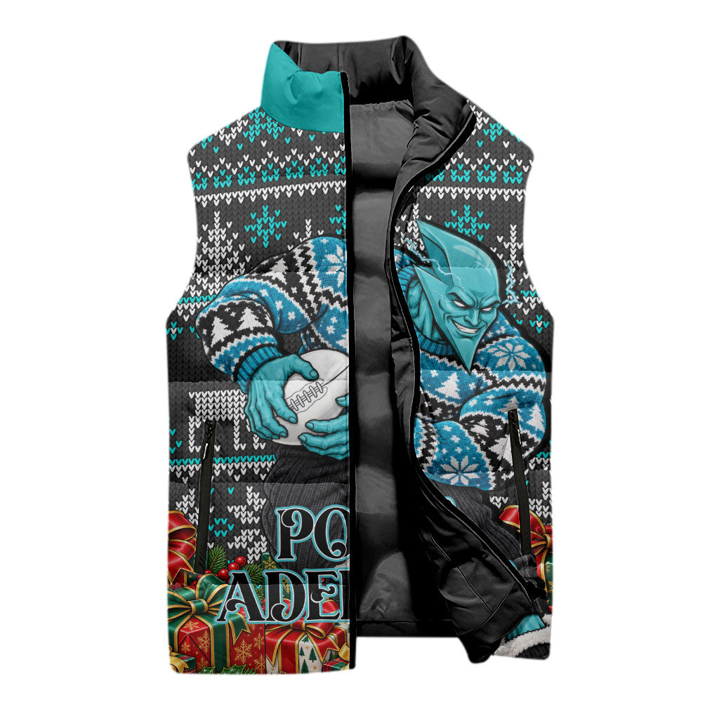 Personalized Port Adelaide Football Christmas Sleeveless Puffer Jacket Australian Football Mascot - Ugly Xmas Pattern Festive