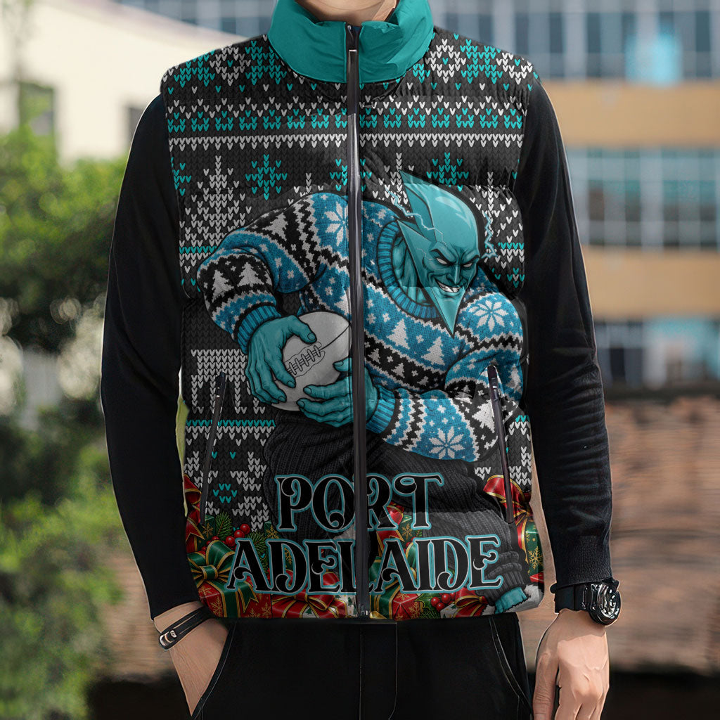 Personalized Port Adelaide Football Christmas Sleeveless Puffer Jacket Australian Football Mascot - Ugly Xmas Pattern Festive