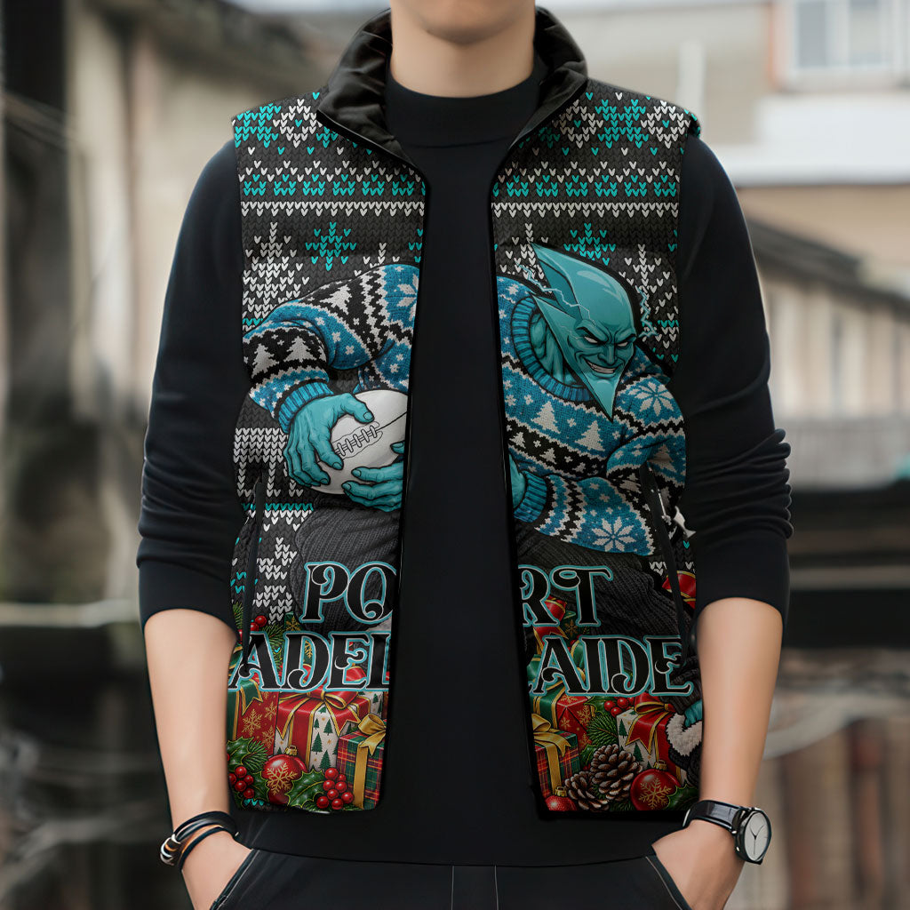 Personalized Port Adelaide Football Christmas Sleeveless Puffer Jacket Australian Football Mascot - Ugly Xmas Pattern Festive