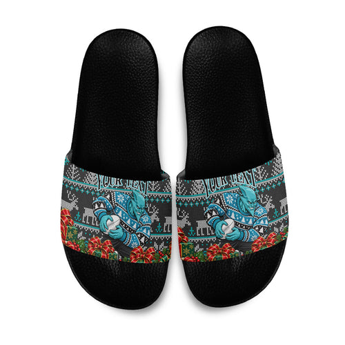 Personalized Port Adelaide Football Christmas Slide Sandals Australian Football Mascot - Ugly Xmas Pattern Festive