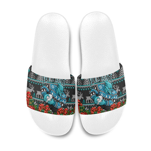 Personalized Port Adelaide Football Christmas Slide Sandals Australian Football Mascot - Ugly Xmas Pattern Festive
