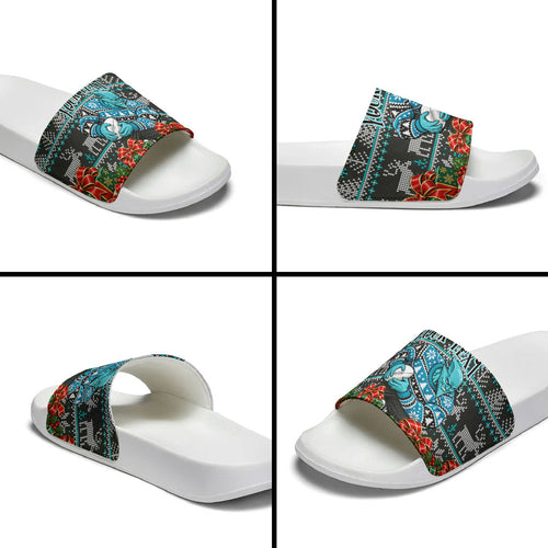 Personalized Port Adelaide Football Christmas Slide Sandals Australian Football Mascot - Ugly Xmas Pattern Festive