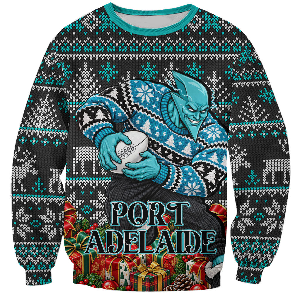 Personalized Port Adelaide Football Christmas Sweatshirt Australian Football Mascot - Ugly Xmas Pattern Festive