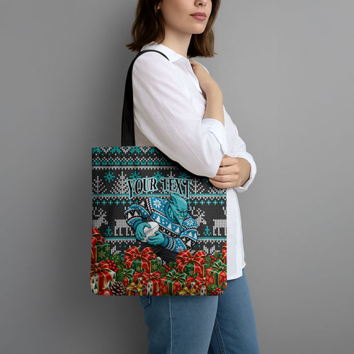 Personalized Port Adelaide Football Christmas Tote Bag Australian Football Mascot - Ugly Xmas Pattern Festive