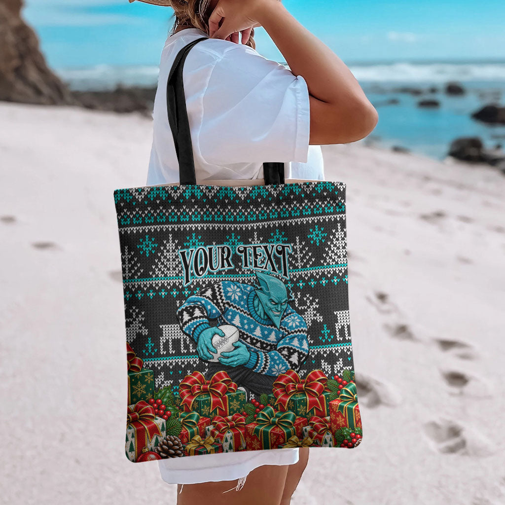 Personalized Port Adelaide Football Christmas Tote Bag Australian Football Mascot - Ugly Xmas Pattern Festive