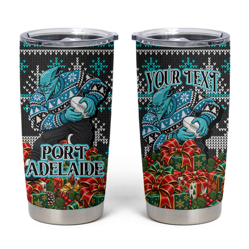 Personalized Port Adelaide Football Christmas Tumbler Cup Australian Football Mascot - Ugly Xmas Pattern Festive