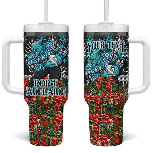 Personalized Port Adelaide Football Christmas Tumbler With Handle Australian Football Mascot - Ugly Xmas Pattern Festive