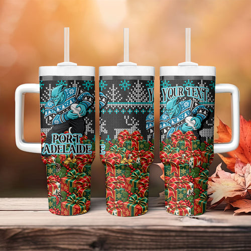 Personalized Port Adelaide Football Christmas Tumbler With Handle Australian Football Mascot - Ugly Xmas Pattern Festive