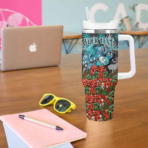 Personalized Port Adelaide Football Christmas Tumbler With Handle Australian Football Mascot - Ugly Xmas Pattern Festive
