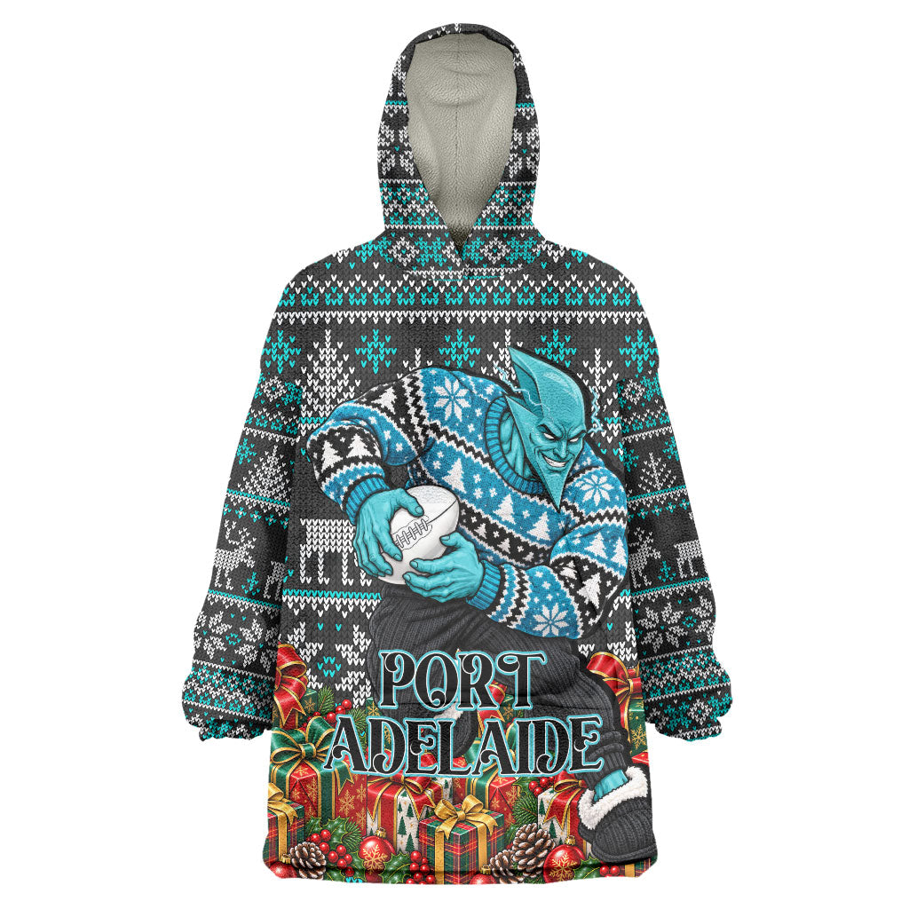Personalized Port Adelaide Football Christmas Wearable Blanket Hoodie Australian Football Mascot - Ugly Xmas Pattern Festive