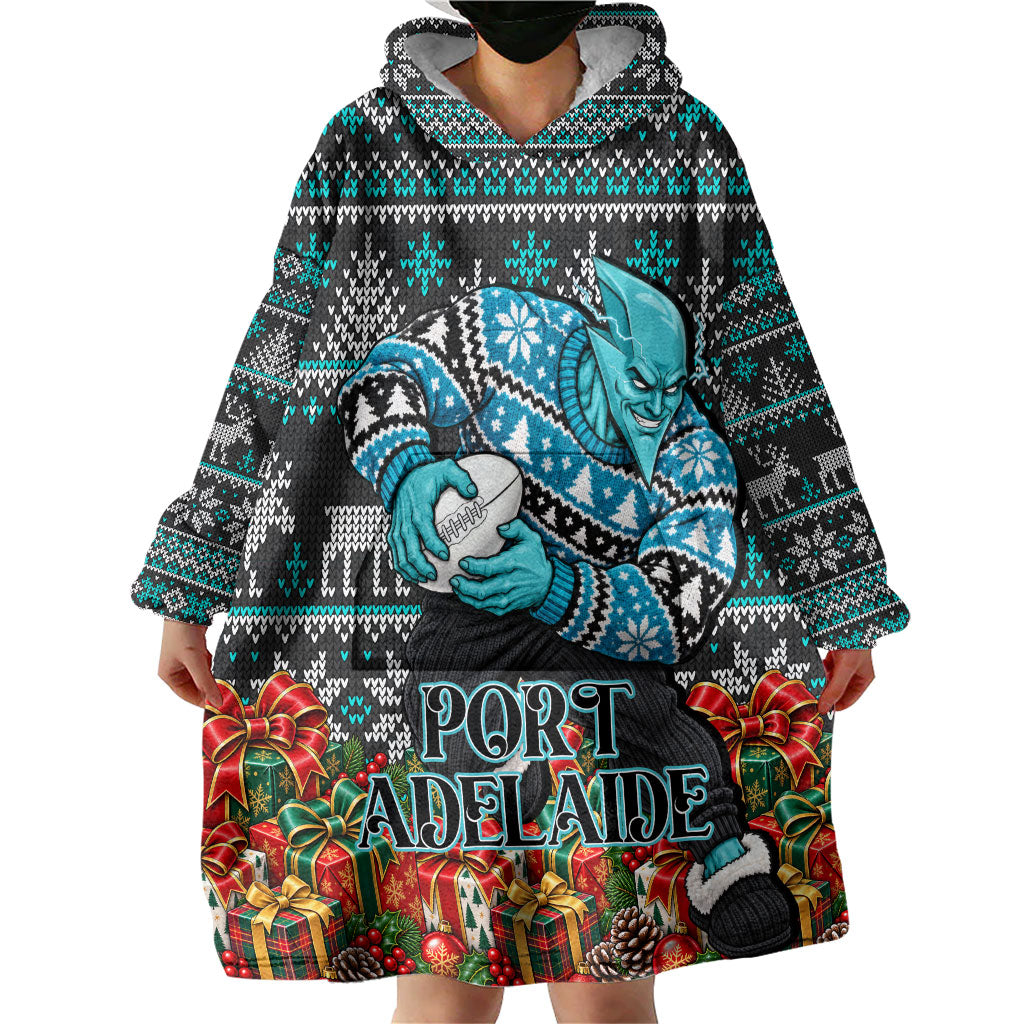 Personalized Port Adelaide Football Christmas Wearable Blanket Hoodie Australian Football Mascot - Ugly Xmas Pattern Festive