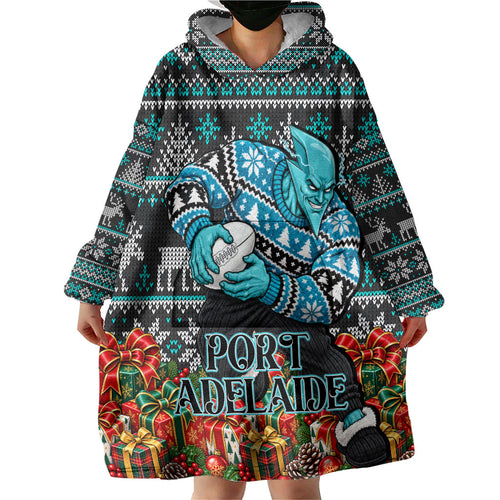 Personalized Port Adelaide Football Christmas Wearable Blanket Hoodie Australian Football Mascot - Ugly Xmas Pattern Festive