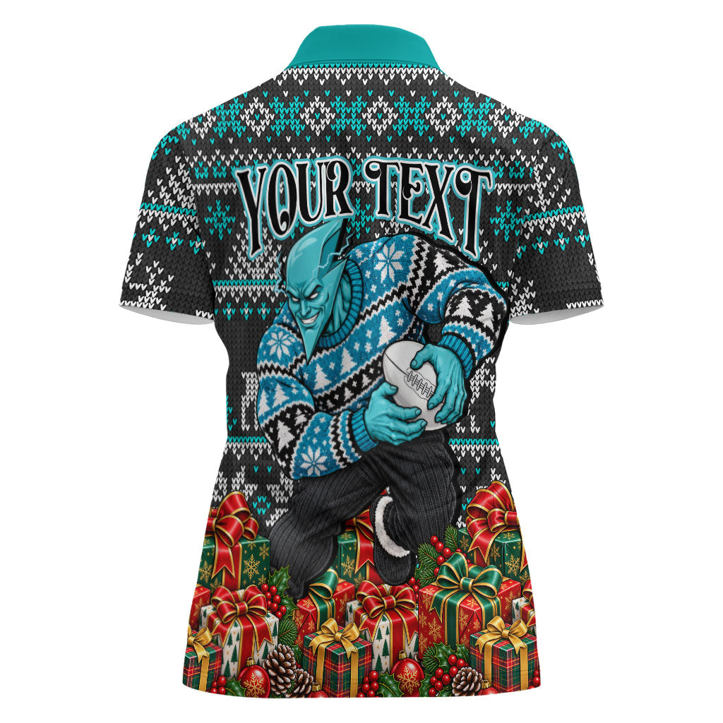 Personalized Port Adelaide Football Christmas Women Polo Shirt Australian Football Mascot - Ugly Xmas Pattern Festive