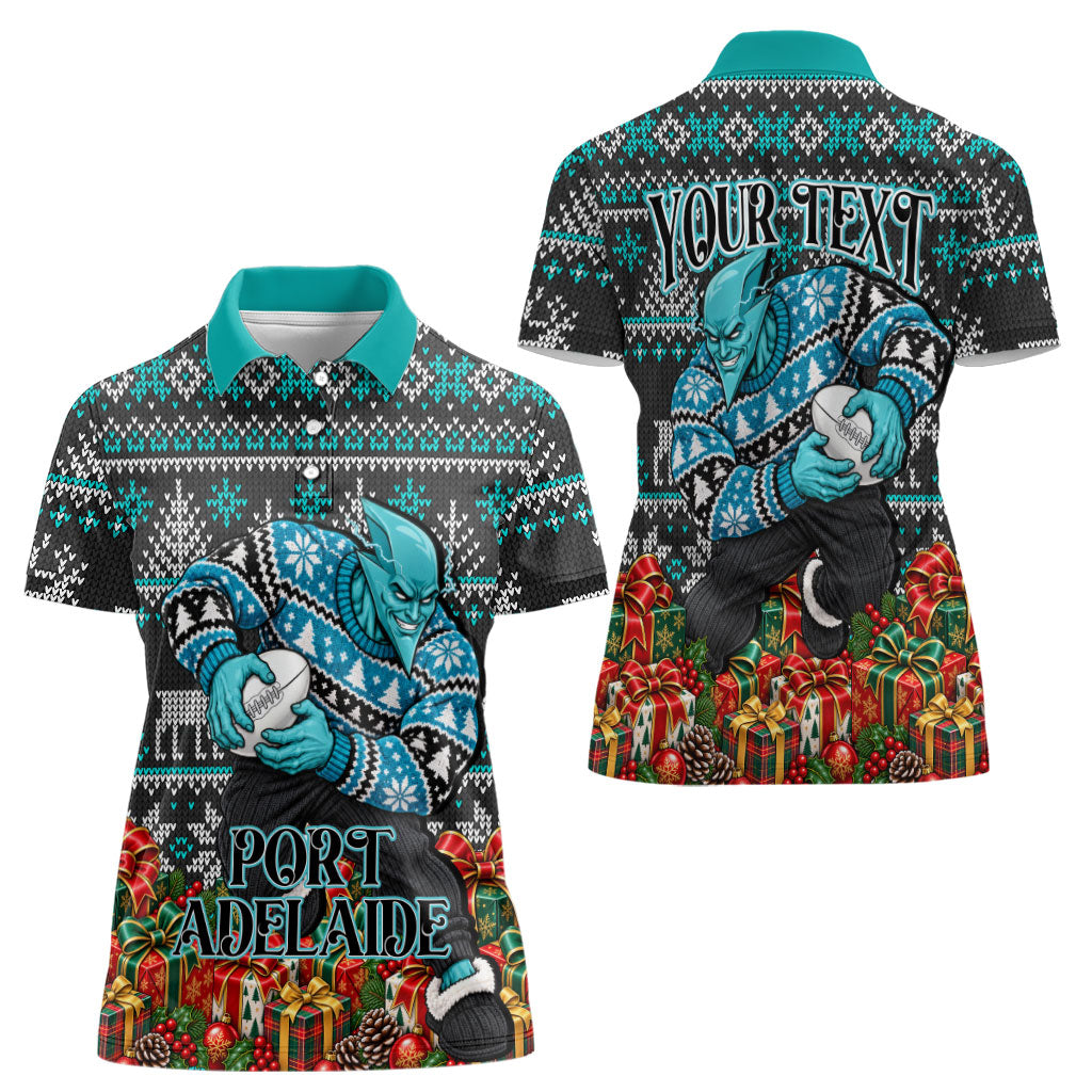 Personalized Port Adelaide Football Christmas Women Polo Shirt Australian Football Mascot - Ugly Xmas Pattern Festive