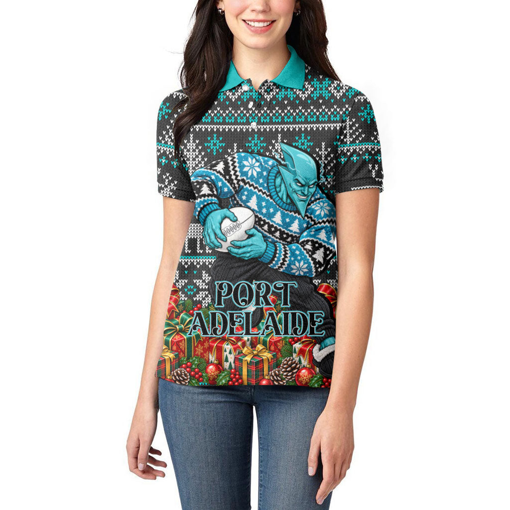 Personalized Port Adelaide Football Christmas Women Polo Shirt Australian Football Mascot - Ugly Xmas Pattern Festive