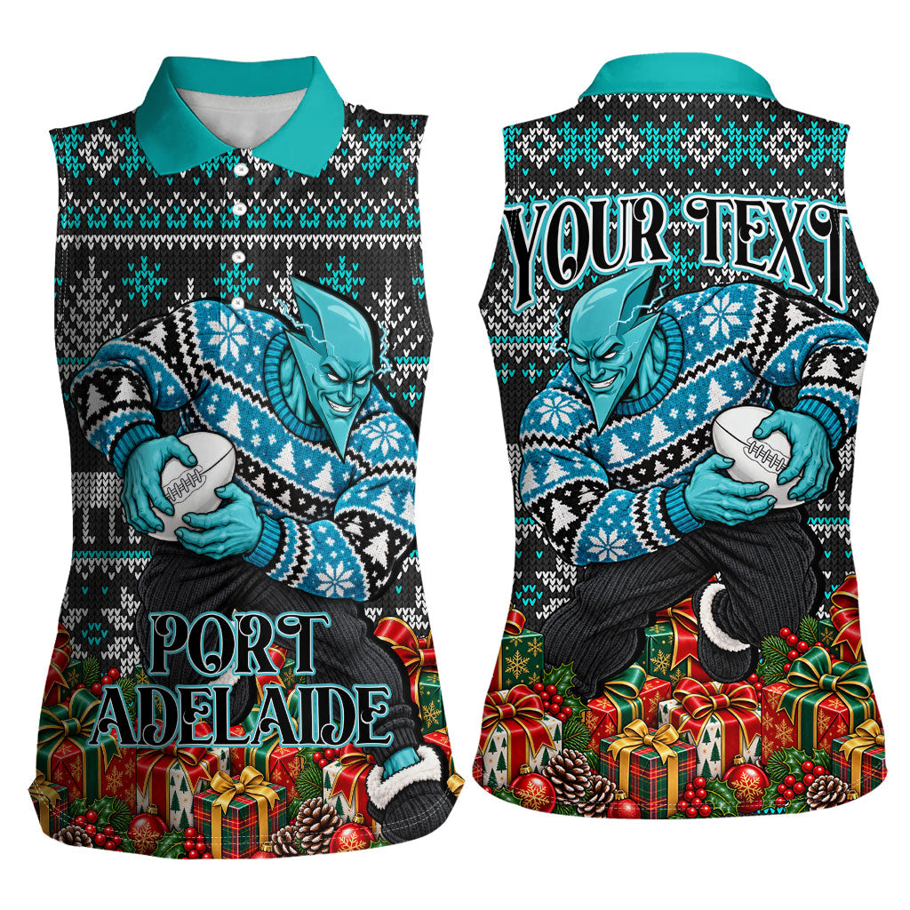 Personalized Port Adelaide Football Christmas Women Sleeveless Polo Shirt Australian Football Mascot - Ugly Xmas Pattern Festive