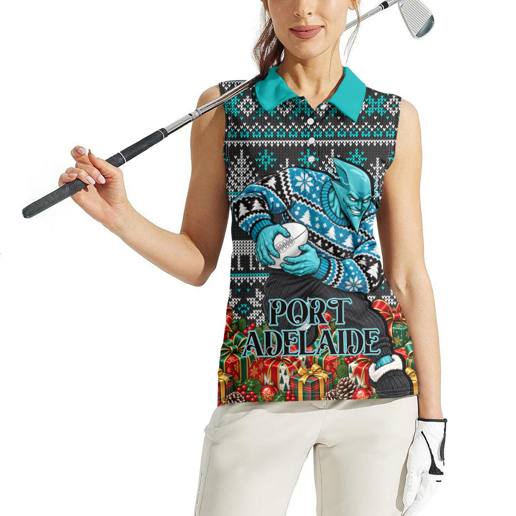 Personalized Port Adelaide Football Christmas Women Sleeveless Polo Shirt Australian Football Mascot - Ugly Xmas Pattern Festive