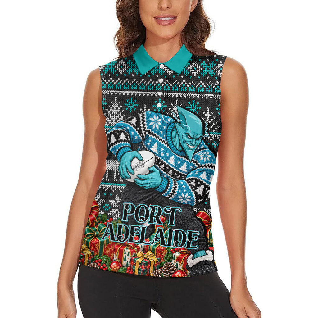 Personalized Port Adelaide Football Christmas Women Sleeveless Polo Shirt Australian Football Mascot - Ugly Xmas Pattern Festive