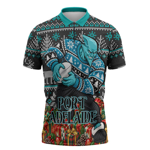 Personalized Port Adelaide Football Christmas Zipper Polo Shirt Australian Football Mascot - Ugly Xmas Pattern Festive