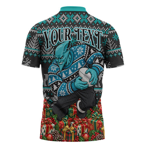 Personalized Port Adelaide Football Christmas Zipper Polo Shirt Australian Football Mascot - Ugly Xmas Pattern Festive