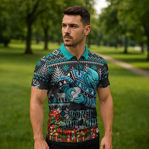 Personalized Port Adelaide Football Christmas Zipper Polo Shirt Australian Football Mascot - Ugly Xmas Pattern Festive