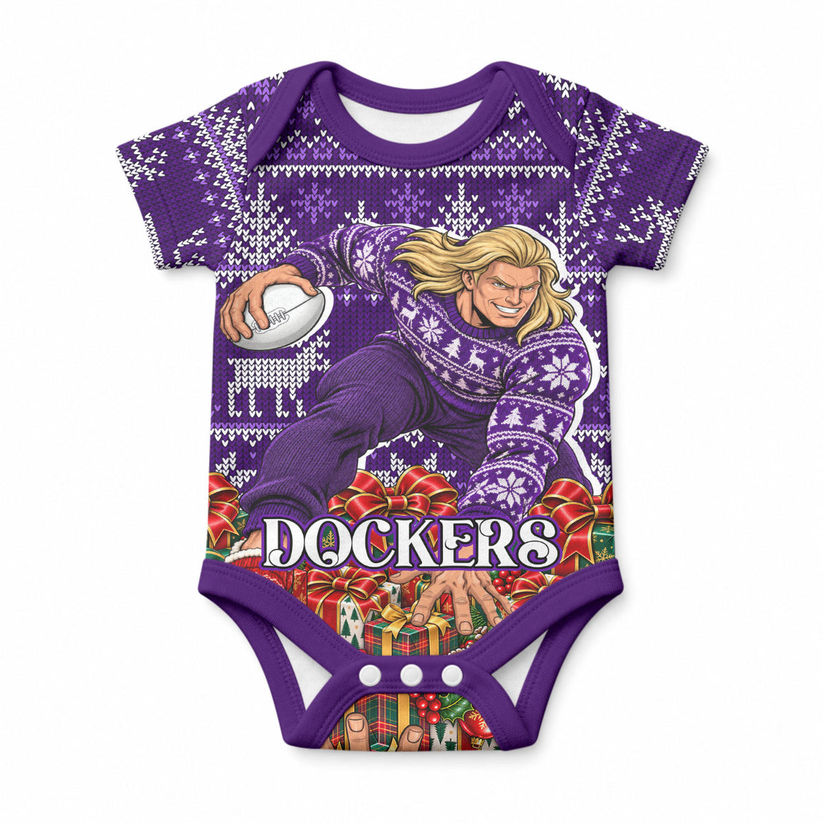 Personalized Dockers Football Christmas Baby Onesie Australian Football Mascot - Ugly Xmas Pattern Festive