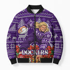 Personalized Dockers Football Christmas Bomber Puffer Jacket Australian Football Mascot - Ugly Xmas Pattern Festive