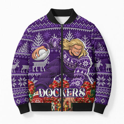 Personalized Dockers Football Christmas Bomber Puffer Jacket Australian Football Mascot - Ugly Xmas Pattern Festive