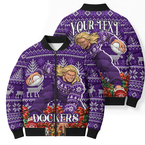 Personalized Dockers Football Christmas Bomber Puffer Jacket Australian Football Mascot - Ugly Xmas Pattern Festive