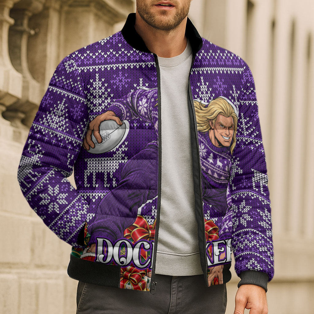 Personalized Dockers Football Christmas Bomber Puffer Jacket Australian Football Mascot - Ugly Xmas Pattern Festive