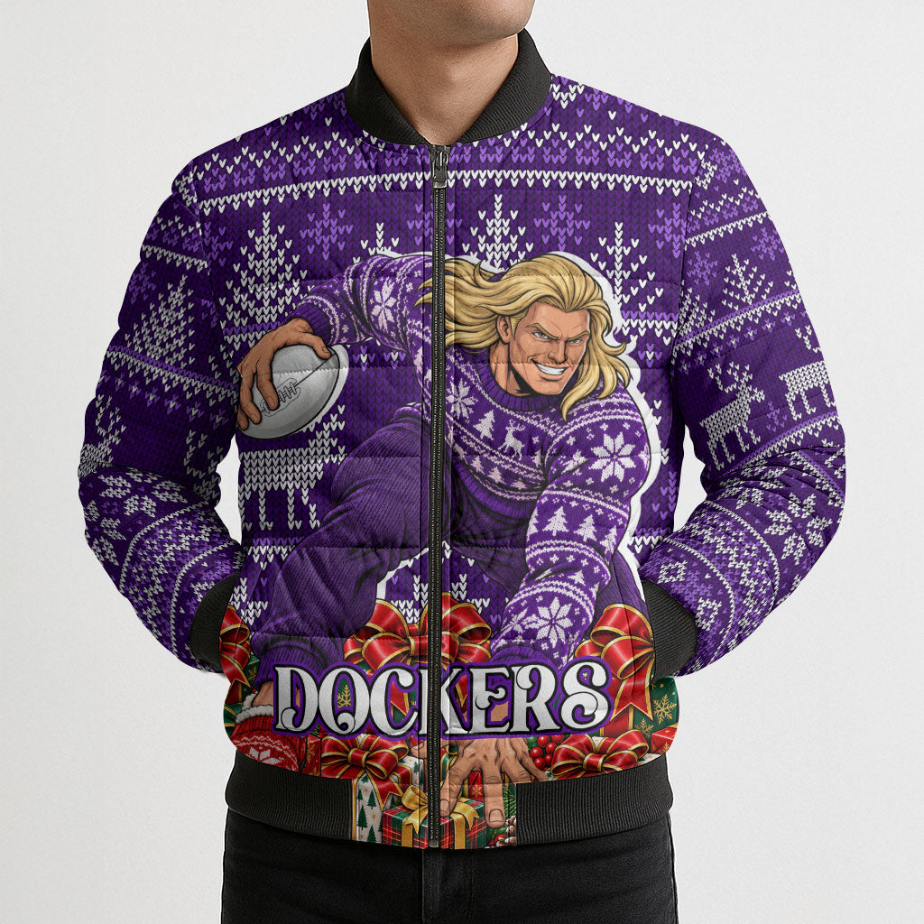 Personalized Dockers Football Christmas Bomber Puffer Jacket Australian Football Mascot - Ugly Xmas Pattern Festive