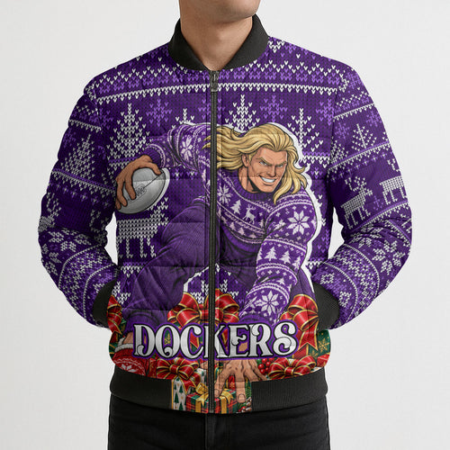 Personalized Dockers Football Christmas Bomber Puffer Jacket Australian Football Mascot - Ugly Xmas Pattern Festive