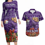 Personalized Dockers Football Christmas Couples Matching Long Sleeve Bodycon Dress and Hawaiian Shirt Australian Football Mascot - Ugly Xmas Pattern Festive
