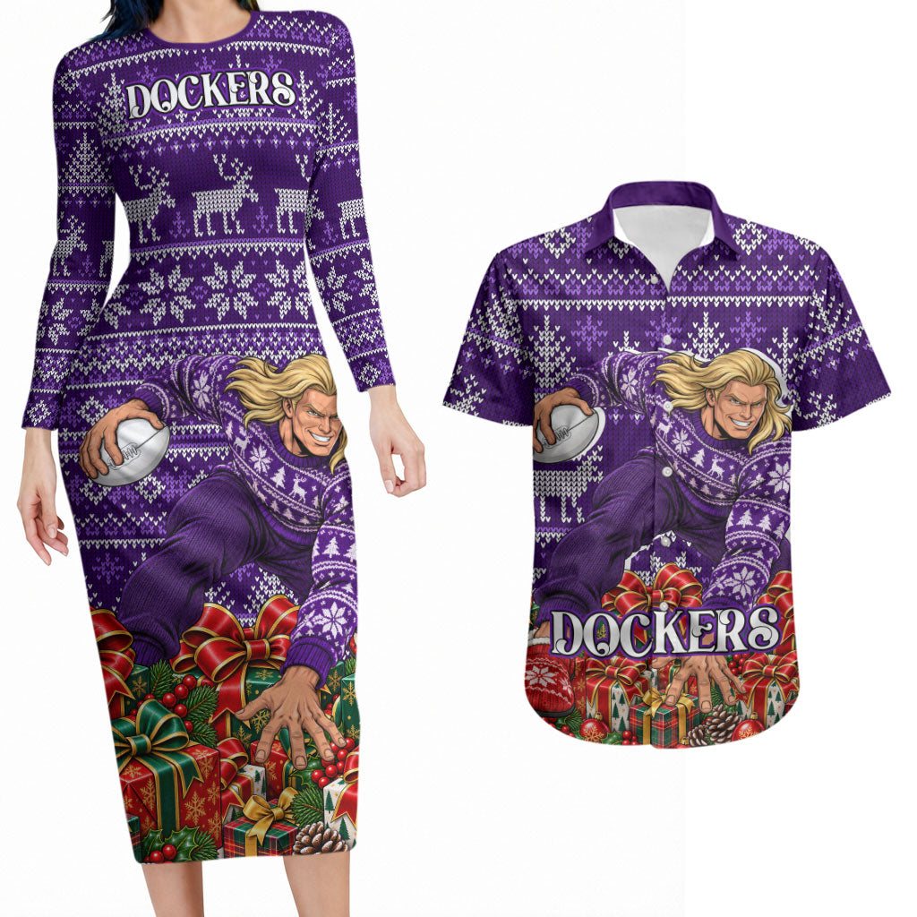 Personalized Dockers Football Christmas Couples Matching Long Sleeve Bodycon Dress and Hawaiian Shirt Australian Football Mascot - Ugly Xmas Pattern Festive