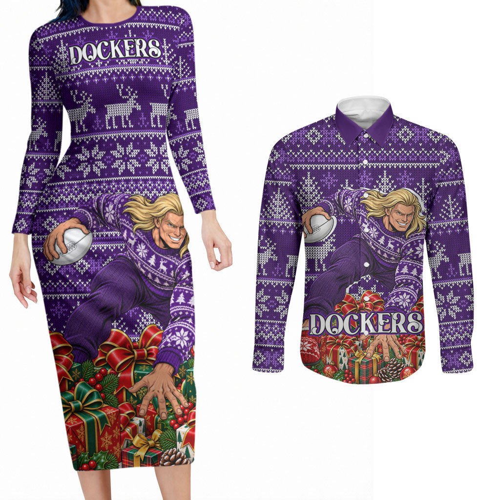 Personalized Dockers Football Christmas Couples Matching Long Sleeve Bodycon Dress and Long Sleeve Button Shirt Australian Football Mascot - Ugly Xmas Pattern Festive