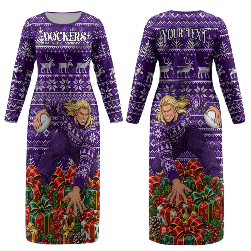 Personalized Dockers Football Christmas Couples Matching Long Sleeve Bodycon Dress and Long Sleeve Button Shirt Australian Football Mascot - Ugly Xmas Pattern Festive