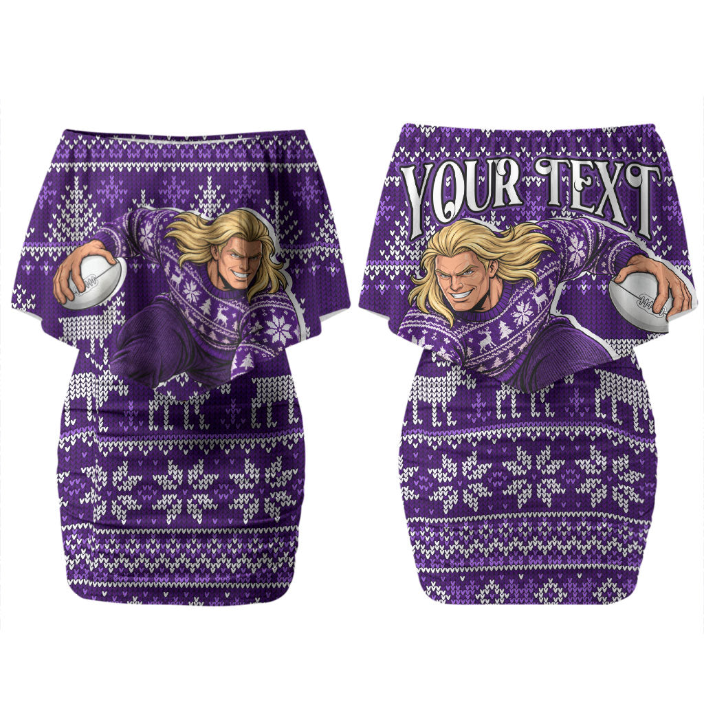 Personalized Dockers Football Christmas Couples Matching Off Shoulder Short Dress and Hawaiian Shirt Australian Football Mascot - Ugly Xmas Pattern Festive