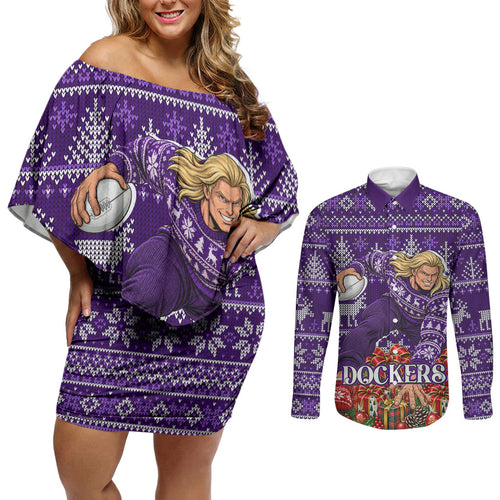Personalized Dockers Football Christmas Couples Matching Off Shoulder Short Dress and Long Sleeve Button Shirt Australian Football Mascot - Ugly Xmas Pattern Festive