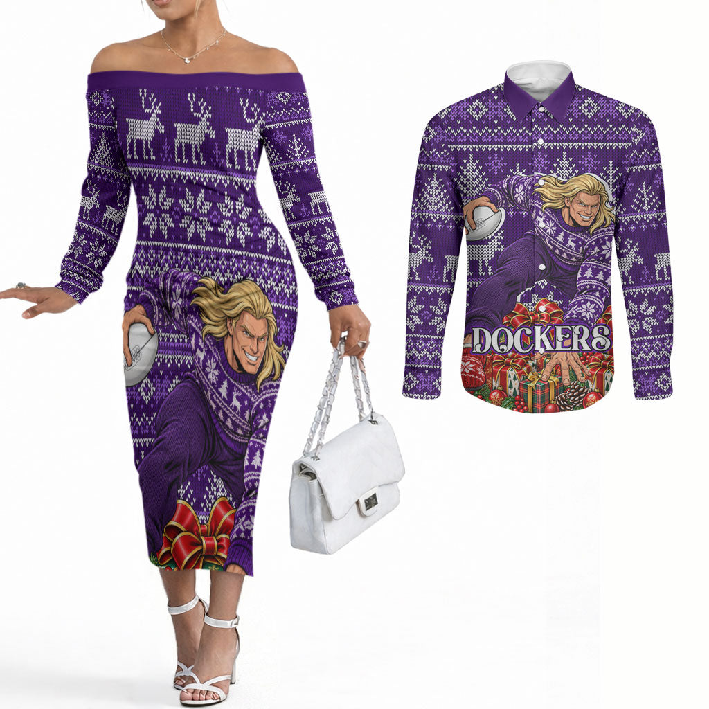 Personalized Dockers Football Christmas Couples Matching Off The Shoulder Long Sleeve Dress and Long Sleeve Button Shirt Australian Football Mascot - Ugly Xmas Pattern Festive