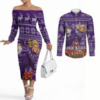 Personalized Dockers Football Christmas Couples Matching Off The Shoulder Long Sleeve Dress and Long Sleeve Button Shirt Australian Football Mascot - Ugly Xmas Pattern Festive