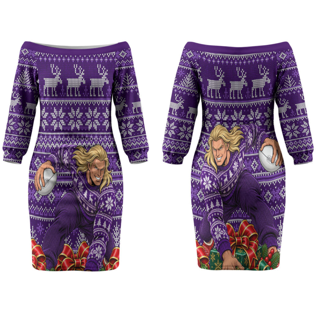 Personalized Dockers Football Christmas Couples Matching Off The Shoulder Long Sleeve Dress and Long Sleeve Button Shirt Australian Football Mascot - Ugly Xmas Pattern Festive