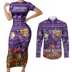 Personalized Dockers Football Christmas Couples Matching Short Sleeve Bodycon Dress and Long Sleeve Button Shirt Australian Football Mascot - Ugly Xmas Pattern Festive