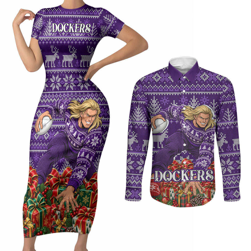 Personalized Dockers Football Christmas Couples Matching Short Sleeve Bodycon Dress and Long Sleeve Button Shirt Australian Football Mascot - Ugly Xmas Pattern Festive