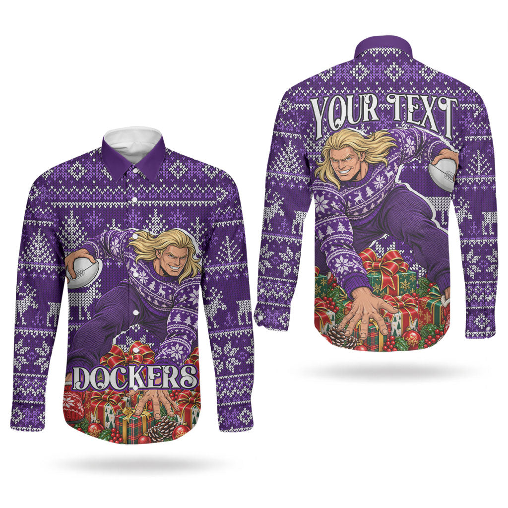 Personalized Dockers Football Christmas Couples Matching Short Sleeve Bodycon Dress and Long Sleeve Button Shirt Australian Football Mascot - Ugly Xmas Pattern Festive