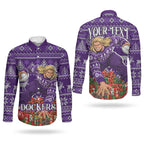Personalized Dockers Football Christmas Couples Matching Short Sleeve Bodycon Dress and Long Sleeve Button Shirt Australian Football Mascot - Ugly Xmas Pattern Festive